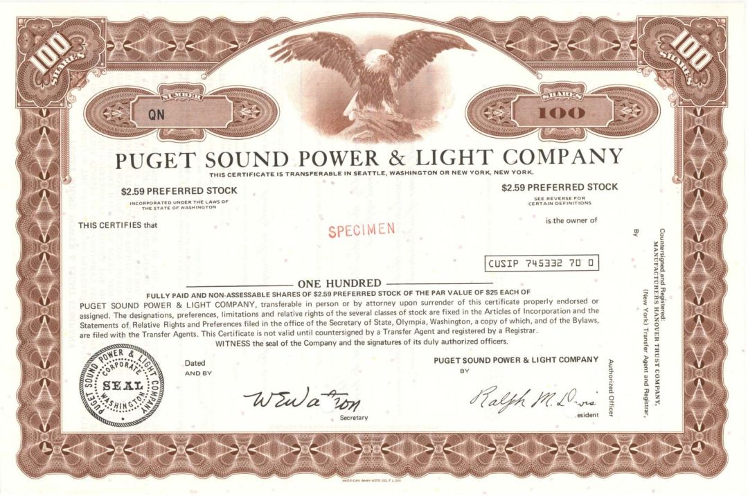 Puget Sound Power and Light Co. - Specimen Stock Certificate