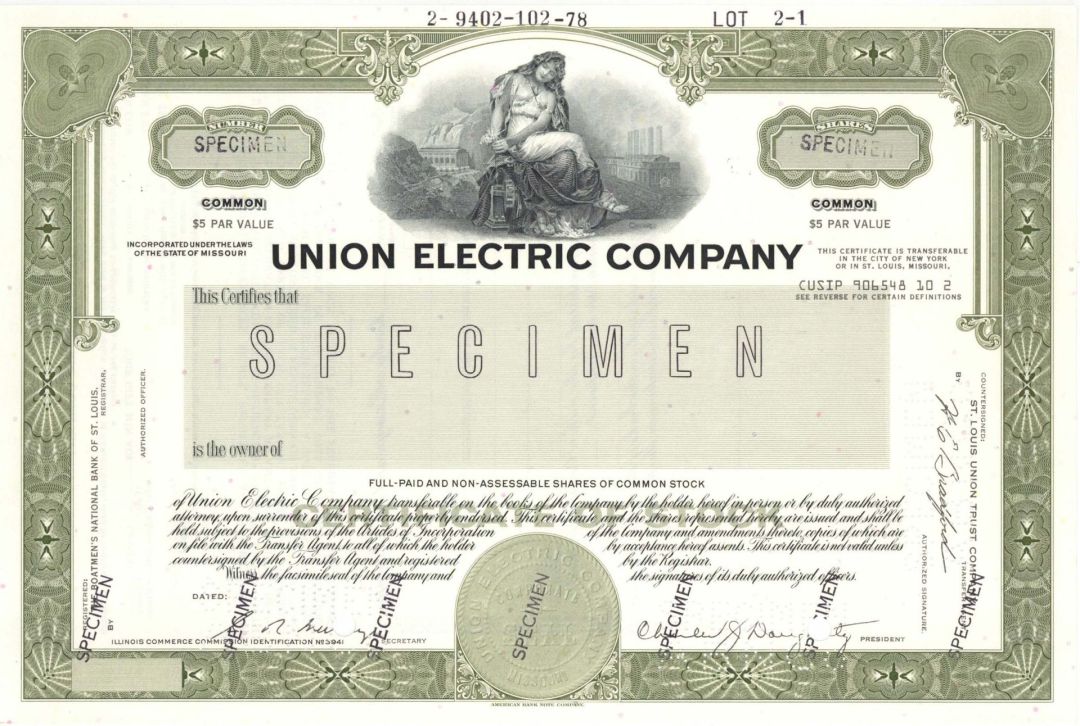 Union Electric Co. - Specimen Stock Certificate