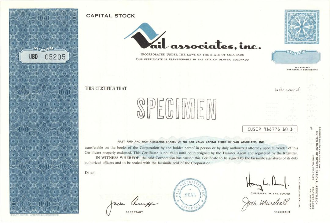 Vail Associates, Inc. - Specimen Stock Certificate