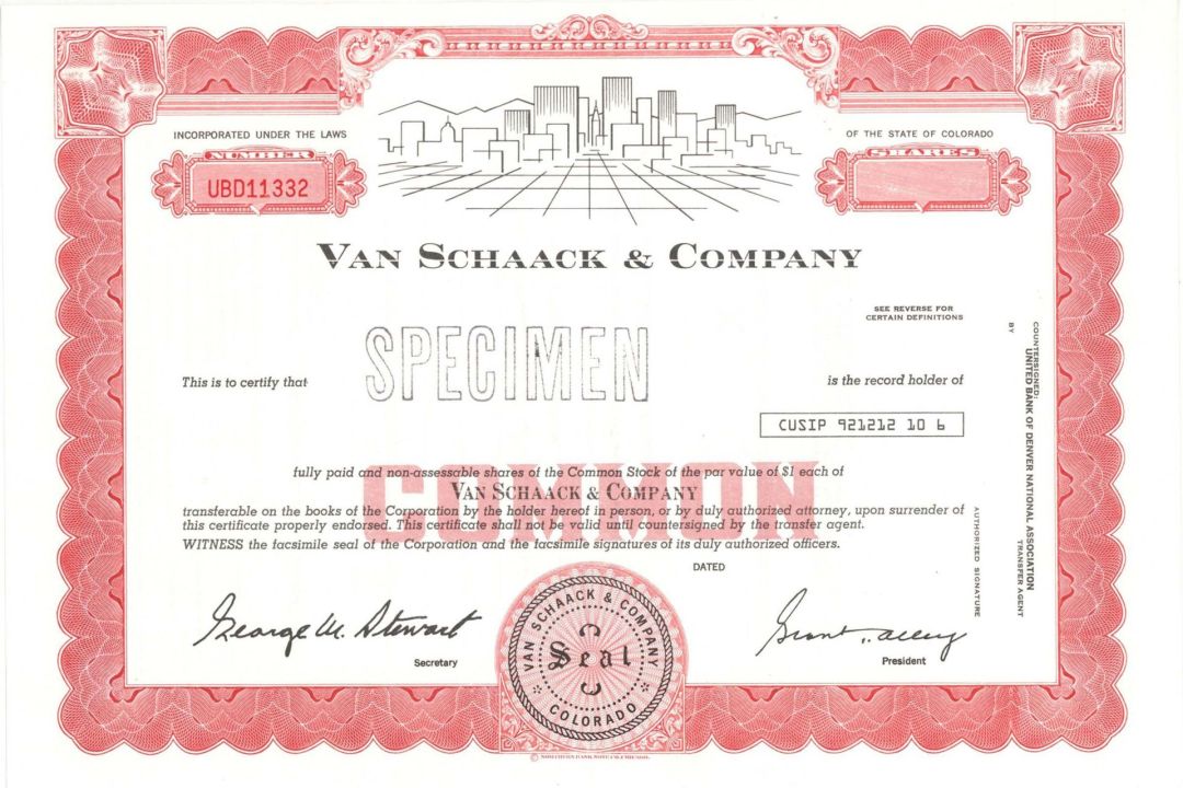 Van Schaack and Company - Specimen Stock Certificate