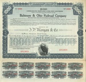 Baltimore and Ohio Railroad Co. Office of J.P. Morgan and Co. -  $1,000 Specimen Bond