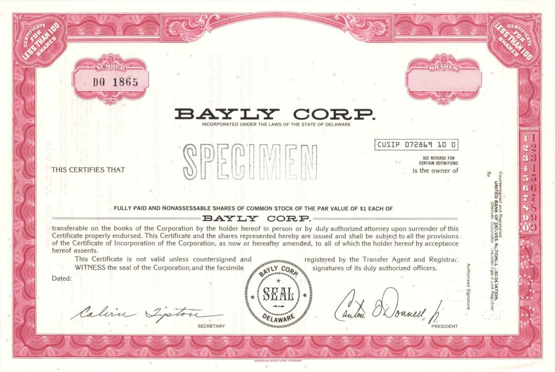 Bayly Corp. -  Specimen Stocks and Bonds