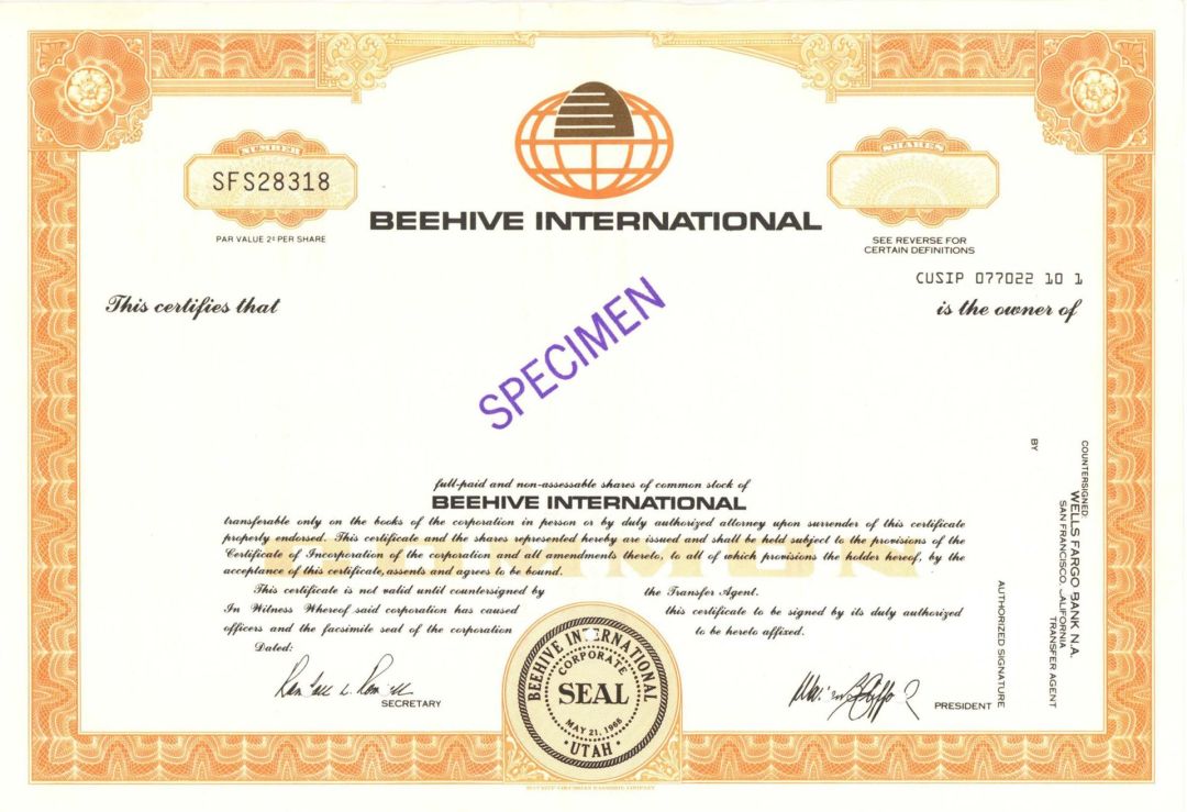 Beehive Intl. -  Specimen Stocks and Bonds