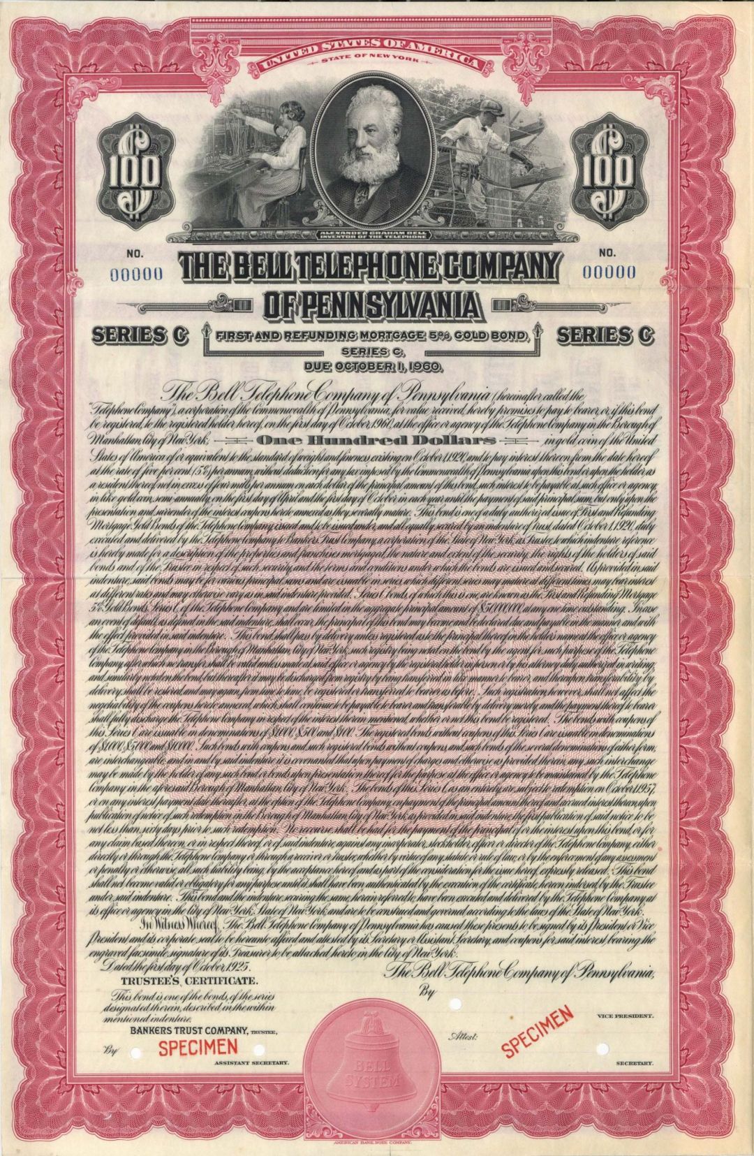 Bell Telephone Company of Pennsylvania -  $100 Specimen Bond