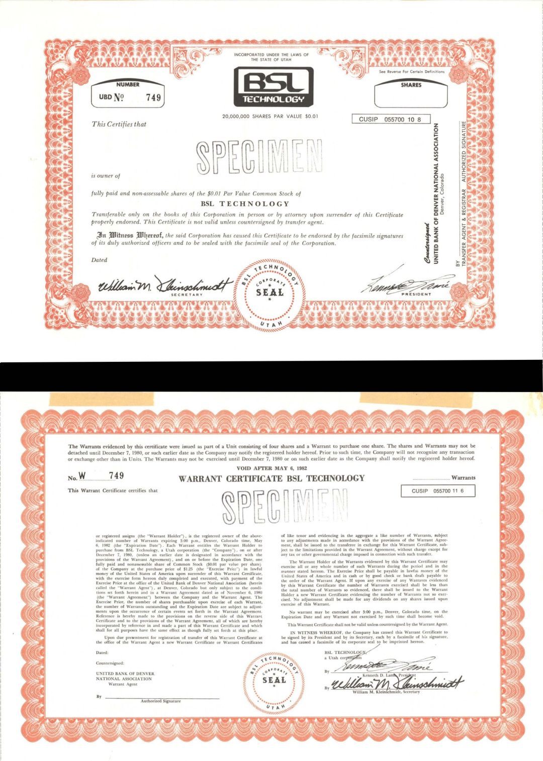 BSL Technology -  Specimen Stocks and Bonds