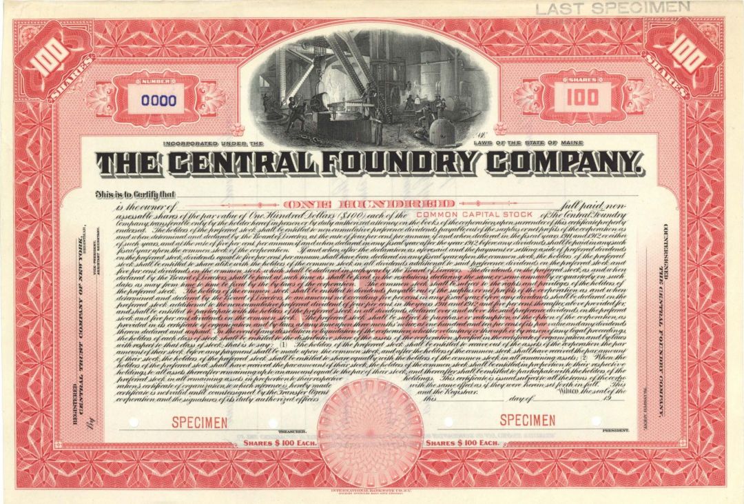 Central Foundry Co. -  Specimen Stocks and Bonds