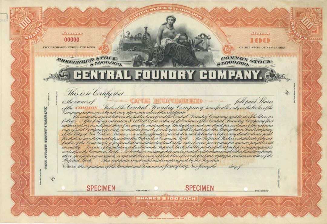 Central Foundry Co. -  Specimen Stocks and Bonds