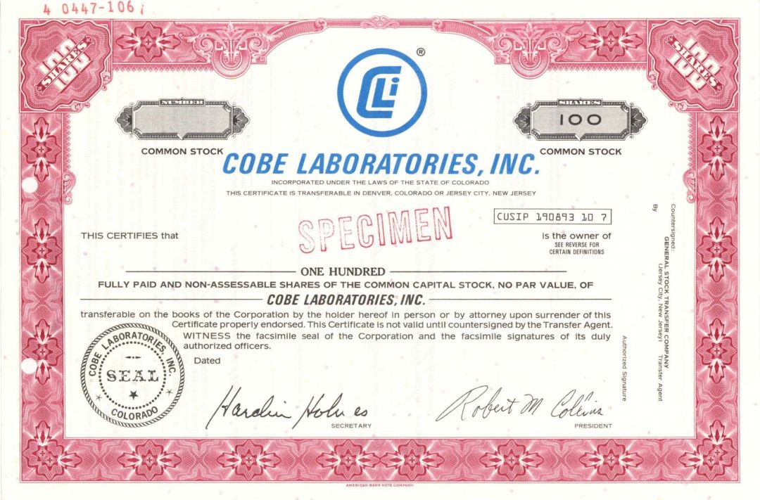 Cobe Laboratories, Inc. -  Specimen Stocks and Bonds