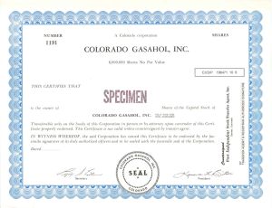 Colorado Gasahol, Inc. -  Specimen Stocks and Bonds