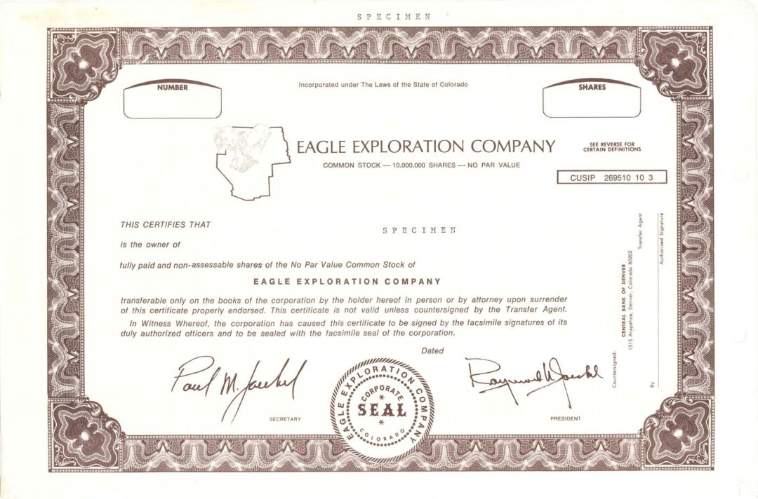 Eagle Exploration Co. -  Specimen Stocks and Bonds