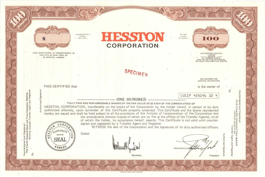 Hesston Corp. -  Specimen Stocks and Bonds