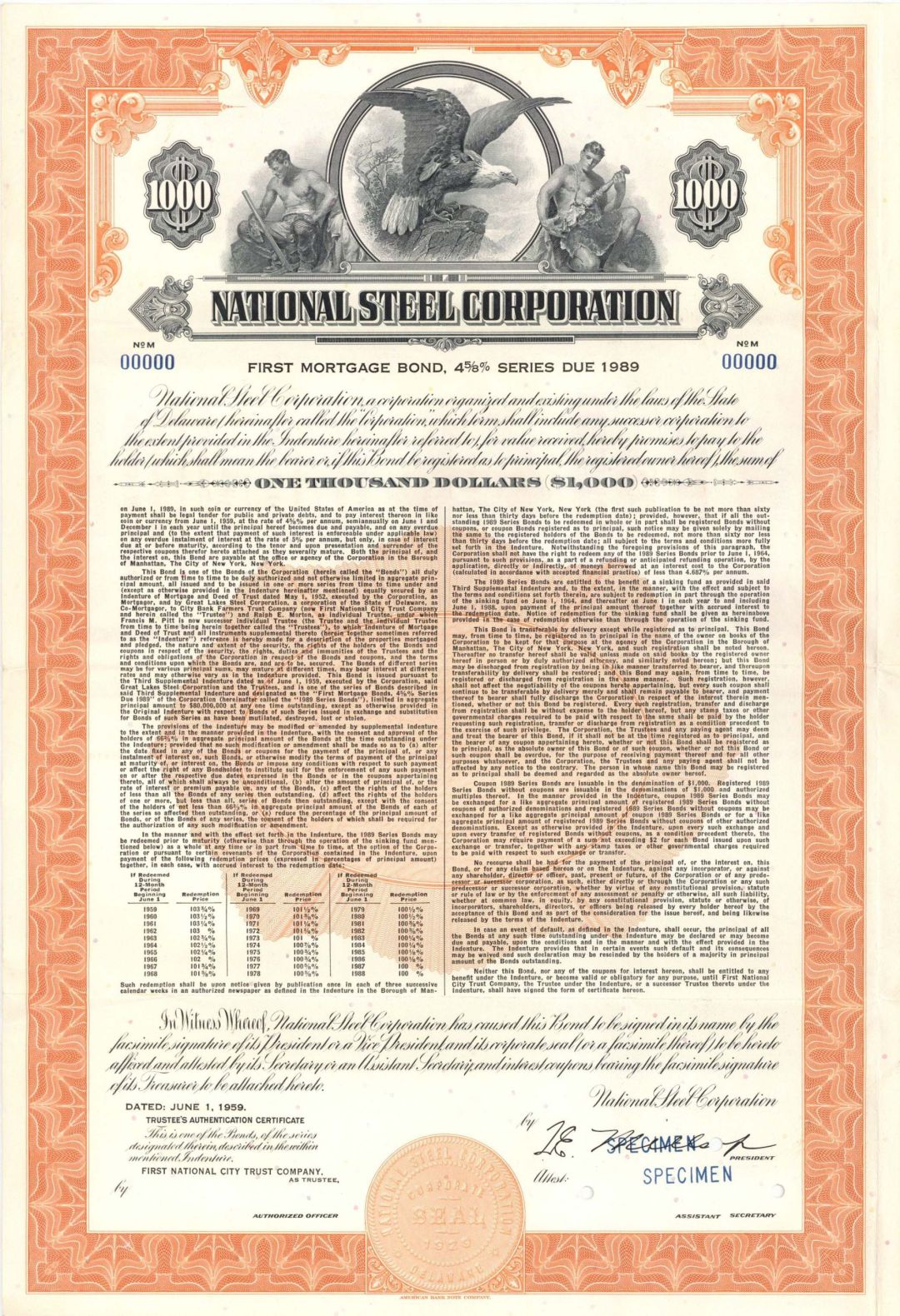 National Steel Corp. -  $1,000 Specimen Bond