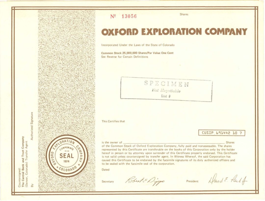 Oxford Exploration Co. -  Specimen Stocks and Bonds