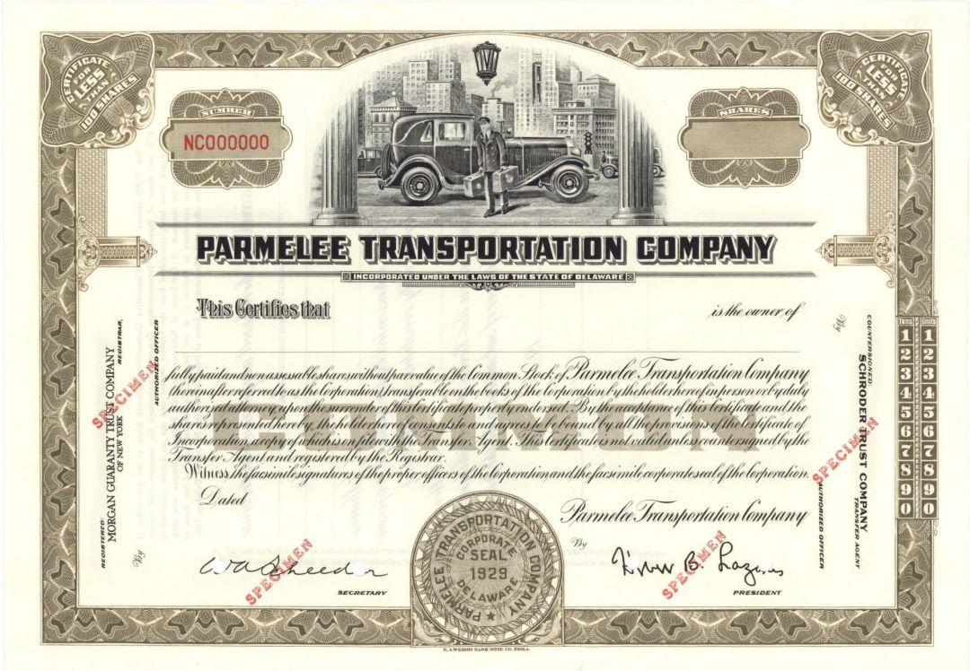 Parmelee Transportation Co. -  Specimen Stocks and Bonds