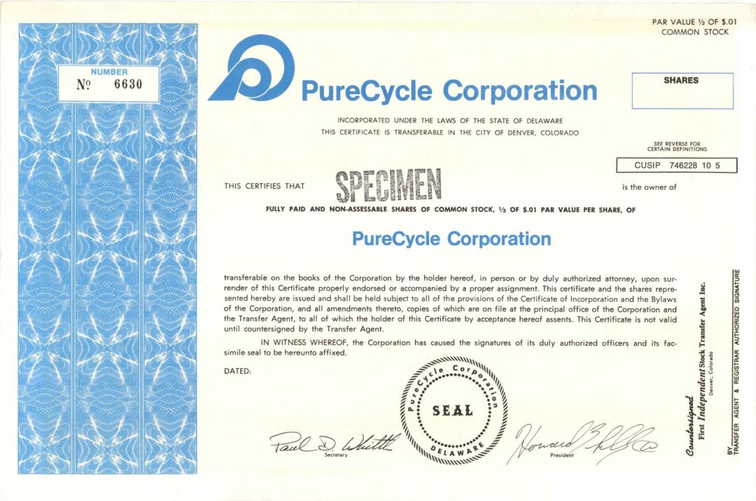 PureCycle Corp. -  Specimen Stocks and Bonds