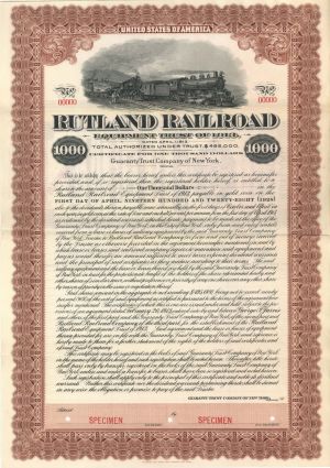 Rutland Railroad -  $1,000 Specimen Bond