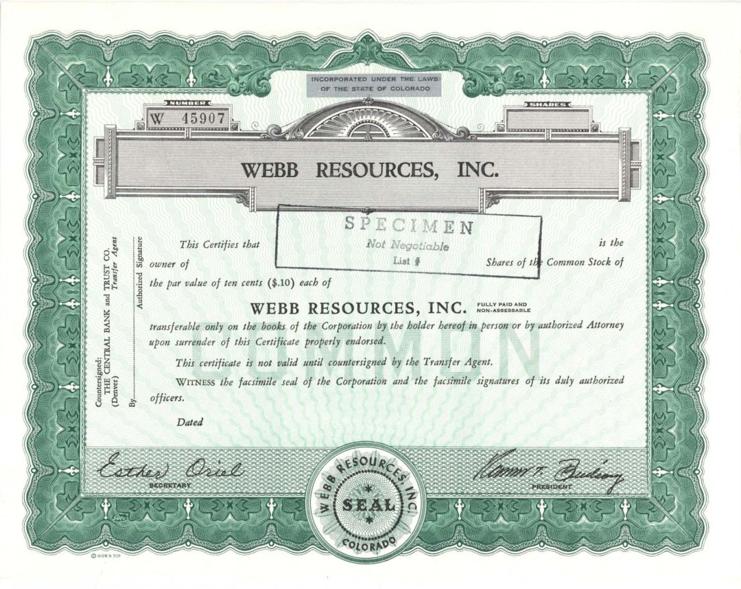 Webb Resources, Inc. -  Specimen Stocks and Bonds