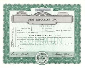 Webb Resources, Inc. -  Specimen Stocks and Bonds