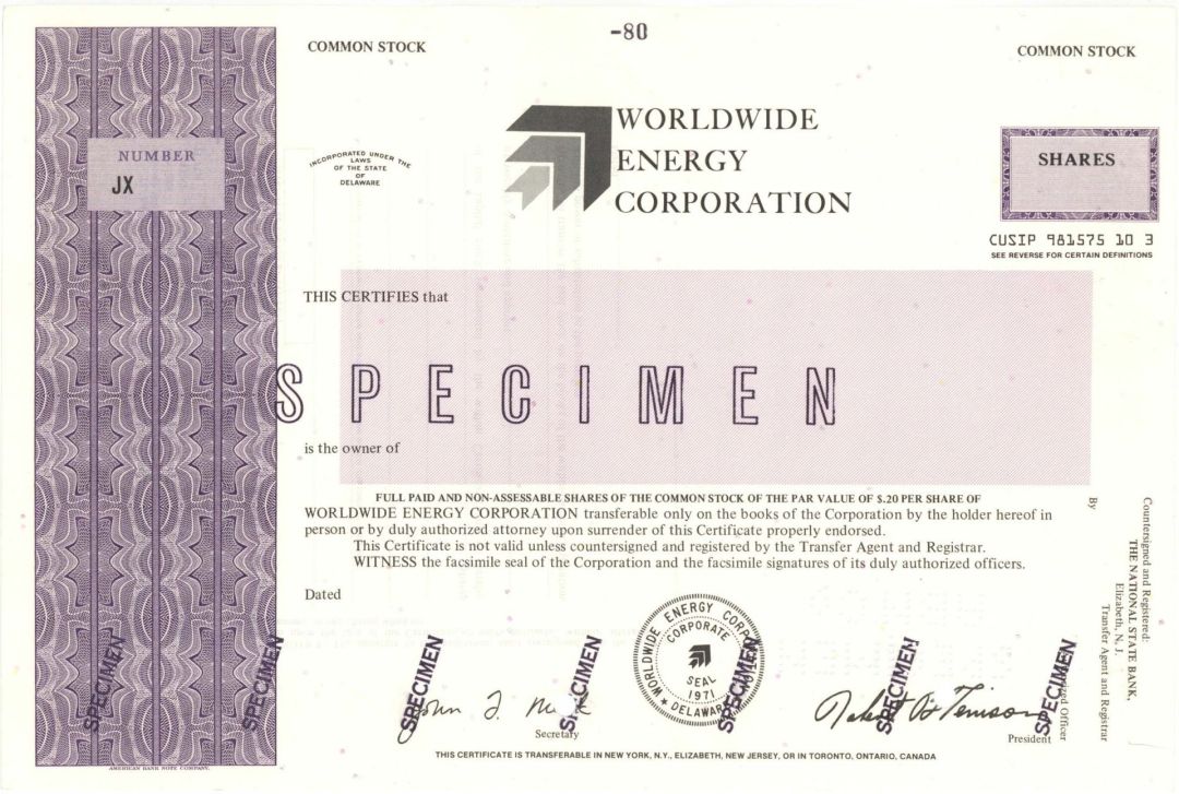 Worldwide Energy Corp. -  Specimen Stocks and Bonds