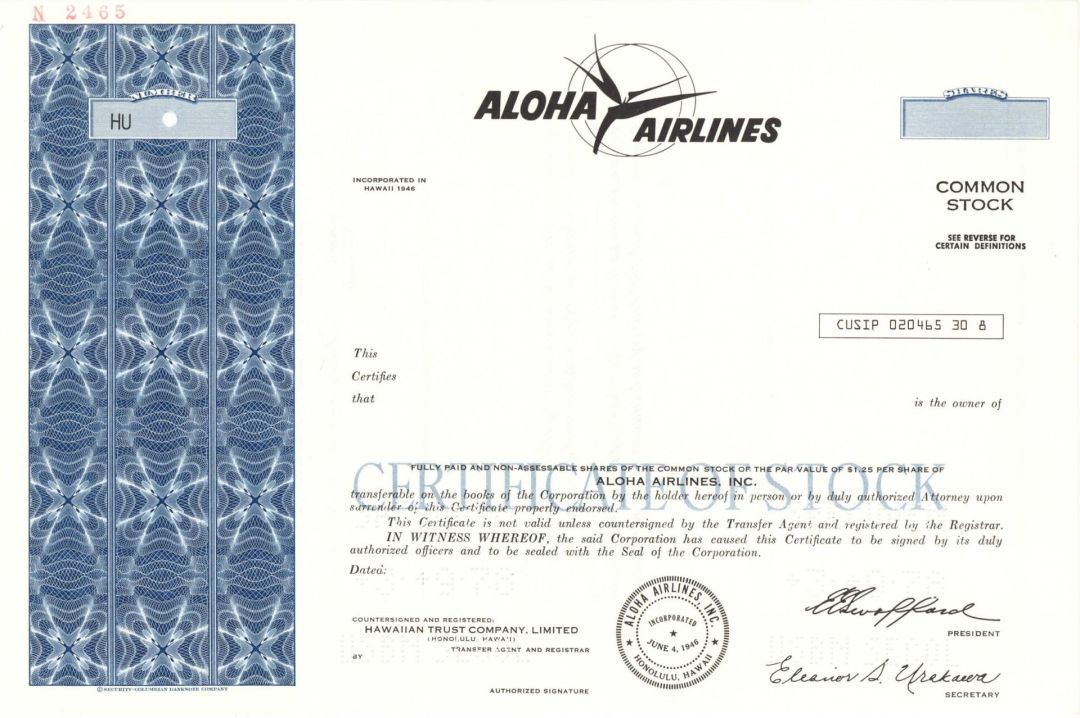 Aloha Airlines -  Specimen Stock