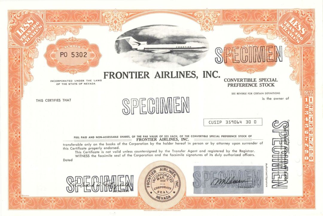 Frontier Airlines, Inc. -  Specimen Stock