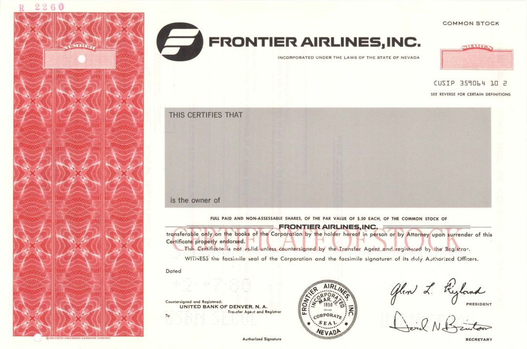 Frontier Airlines, Inc. -  Specimen Stock