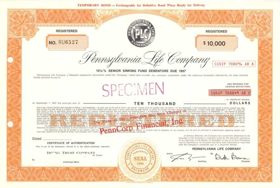 Pennsylvania Life Co. -  $10,000 or $5,000 Specimen Bond