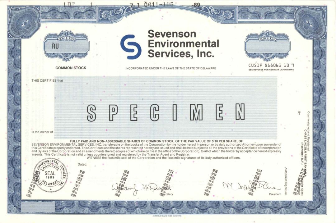 Sevenson Environmental Services, Inc. -  Specimen Stock