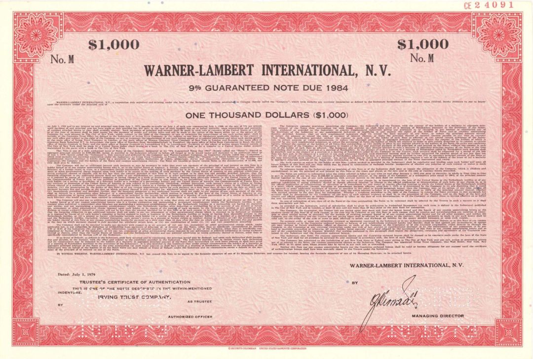 Warner-Lambert International, N.V. -  $1,000 Specimen Bond