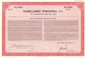 Warner-Lambert International, N.V. -  $1,000 Specimen Bond