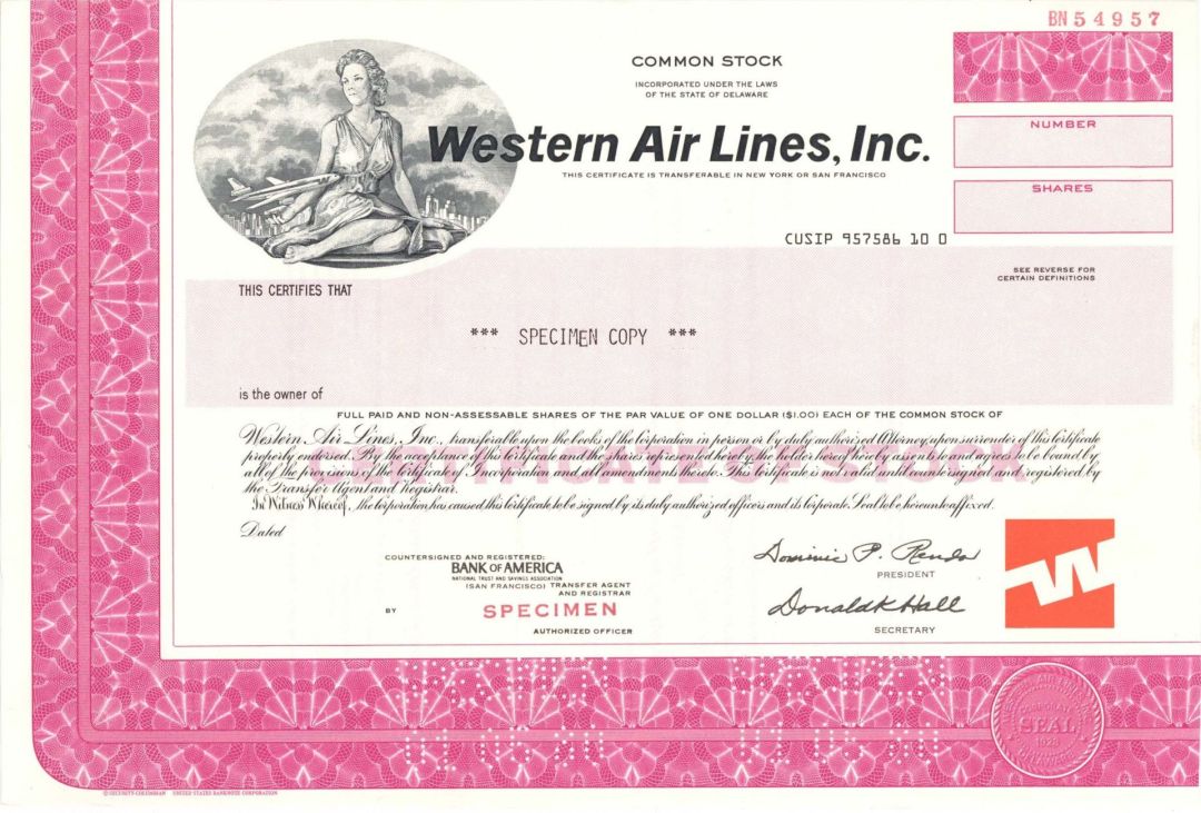 Western Air Lines, Inc. -  Specimen Stock