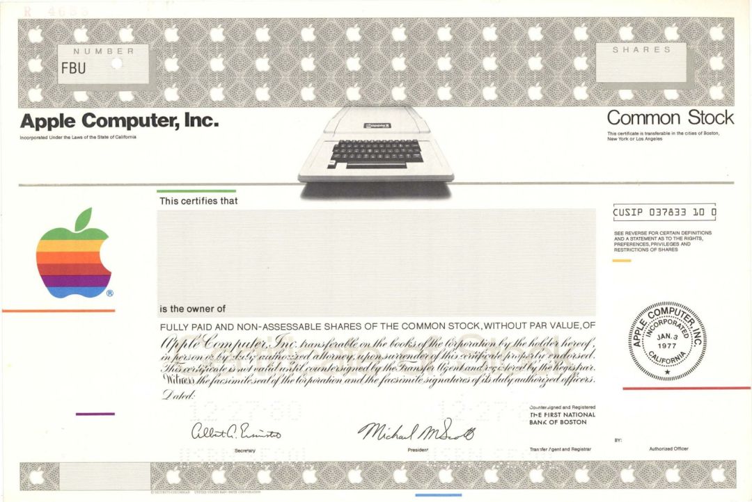 APPLE Computer, Inc.  SPECIMEN Common Stock Certificate - Extremely Popular