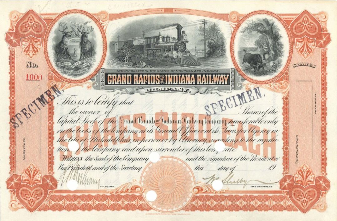 Grand Rapids and Indiana Railway Co. - Unissued Specimen Stock Certificate