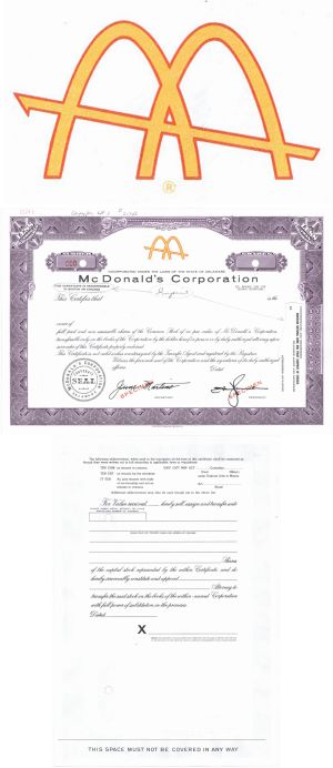 McDonald's Corporation - Extremely Rare If Not Unique - circa 1959-67 Working Specimen Stock Certificate