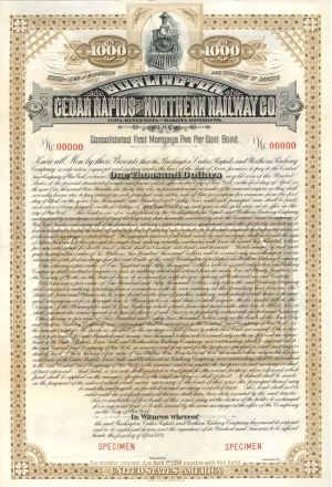 Burlington, Cedar Rapids and Northern Railway Co. - 1884 dated $1,000 Specimen Bond