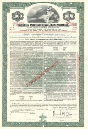 Bankers International (Luxembourg)  - $1,000 1966 dated Specimen Bond