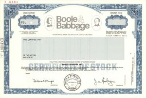 Boole and Babbage Inc.  -  Specimen Stock Certificate
