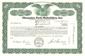 Champion Parts Rebuilders, Inc.  -  Specimen Stock Certificate