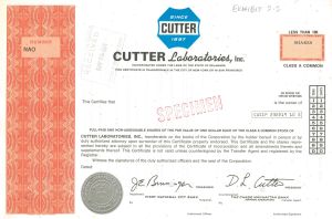 Cutter Laboratories, Inc.  -  Specimen Stock Certificate