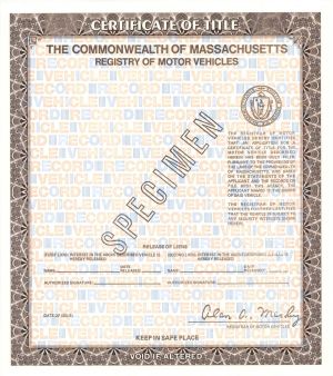 Certificate of Title - Massachusetts Registry of Motor Vehicles - American Banknote Specimen