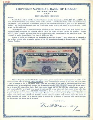 Republic National Bank of Dallas - Specimen Traveler's Check