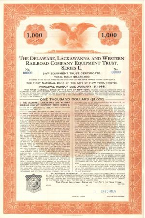 Delaware, Lackawanna and Western Railroad Company Equipment Trust, Series L - 1953 dated $1,000 Bond
