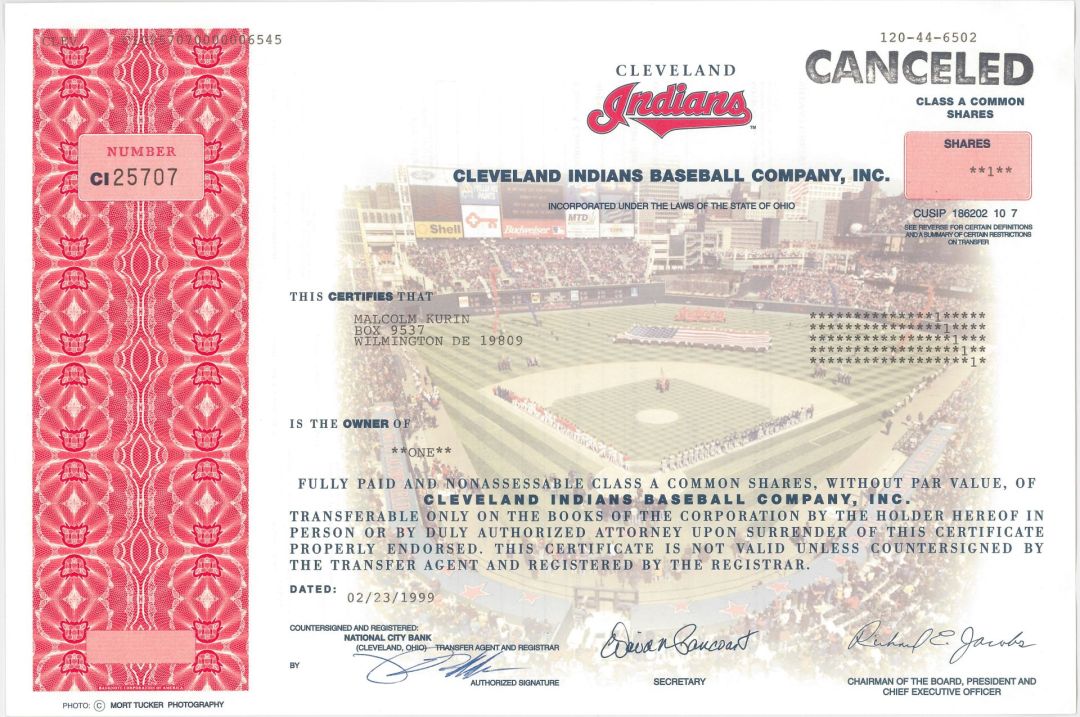 Cleveland Indians Baseball Co., Inc. - 1998 dated Major League Baseball Team Sport Stock Certificate - Now the Cleveland Guardians