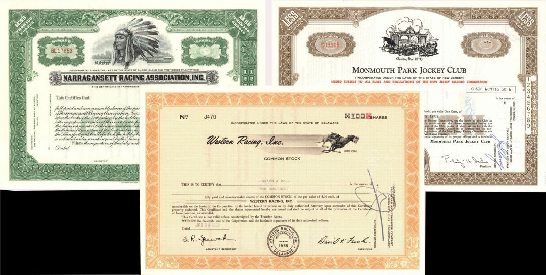 Horse and Dog Racing Set - 3 Stock Certificates dated 1950's-70's - Group of Three Scripophily Items