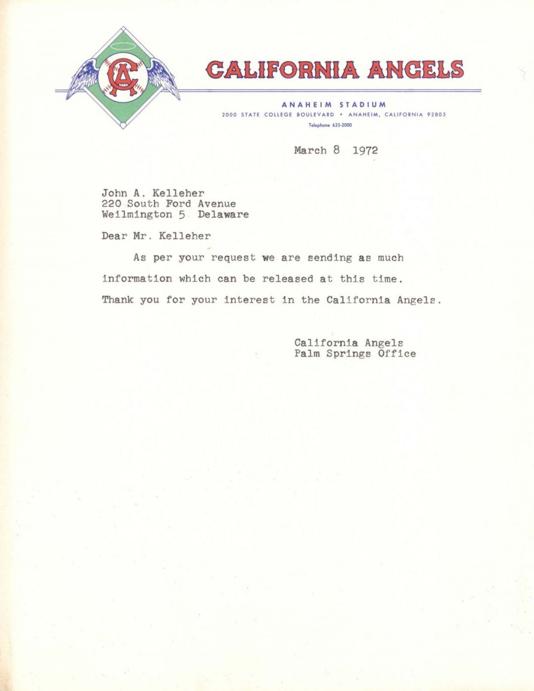 California Angels Letter - Major League Baseball Team Letterhead - Americana