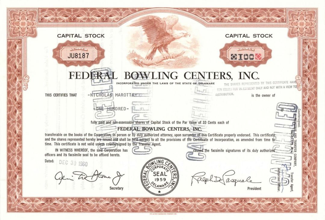 Federal Bowling Centers, Inc. - Stock Certificate