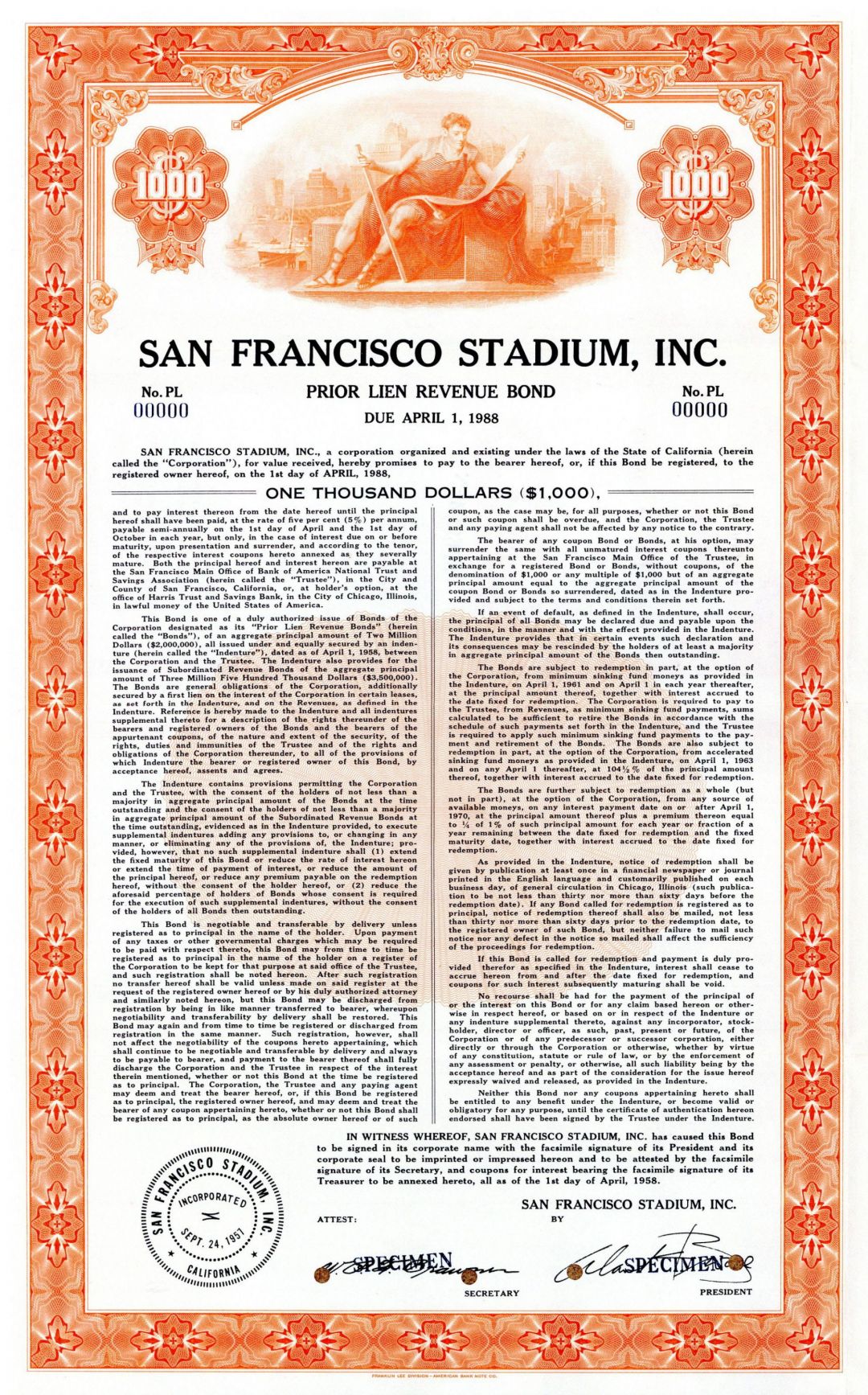 San Francisco Stadium, Inc. - $1,000 Specimen Bond