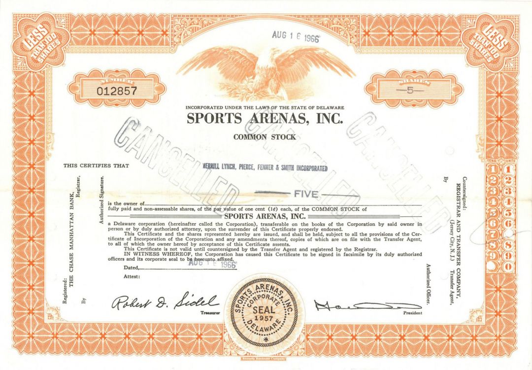 Sports Arenas, Inc. - Stock Certificate