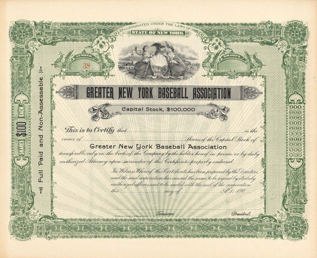 Greater New York Baseball Association - Sports Stock Certificate