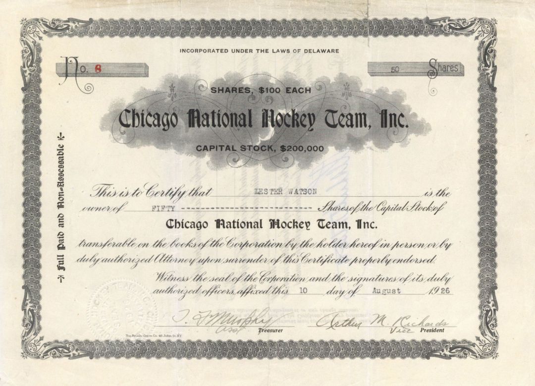 Chicago National Hockey Team, Inc. - Sports Stock Certificate